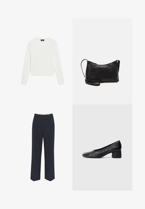 Maglione bianco a maniche lunghe, design cropped, texture morbida, collo rotondo, polsini e orlo a costine, stile minimalista senza pattern o elementi hardware visibili.; Pantaloni blu navy con righe verticali bianche, design a gamba larga, tessuto liscio, passanti per cintura e una piega sul davanti per un aspetto sartoriale.; Pantofole nere in pelle con punta arrotondata e tacco medio a blocco. Texture liscia con dettagli minimi, caratterizzata da un'apertura elastica sottile.; Borsa a spalla in pelle nera con una texture liscia, forma curva, tracolla regolabile e chiusura con zip. Design minimalista senza ornamenti.