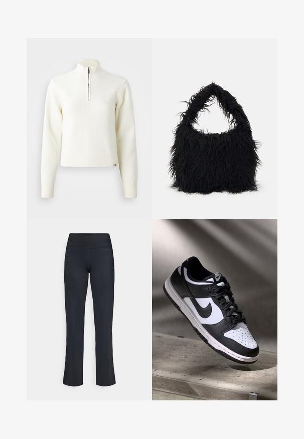 Bela pulover s kratkim zadrgo in dolgimi rokavi. Narejen iz mehkega pletenega materiala, z rebrastimi manšetami in robom. Diskretna blagovna znamka na robu.; Črne športne hlače z visokim pasom. Narejene iz gladkega, raztegljivega materiala s flared obliko hlačnic in minimalnimi šivi.; Črno-bel Nike Dunk Low čevelj z usnjenim zgornjim delom, perforiranim prstnim delom in črnimi vezalkami, z belim podplatom in logotipnimi detajli.; Even&Odd Torba za nakupovanje - black