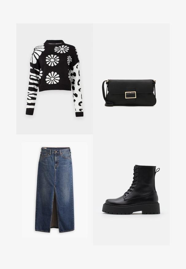 Melnā un baltā krāsā apgriezts džemperis ar ziedu un dzīvnieku rakstiem, ar ribotiem piedurknēm un kaklu, izgatavots no mīkstas austas materiāla.; Levi's® ANKLE COLUMN SKIRT - Maksi svārki - wave hello; Melni ādas potītēm zābaki ar apļveida purngalu, auklām priekšpusē un biezu gumijas zoli ar teksturētu protektoru. Velkšanas cilpa aizmugurē.; Melnas ādas saķeres soma ar atloku un zelta metāla sprādzi. Ietver melnu siksnu un elegantu, minimālistisku dizainu.