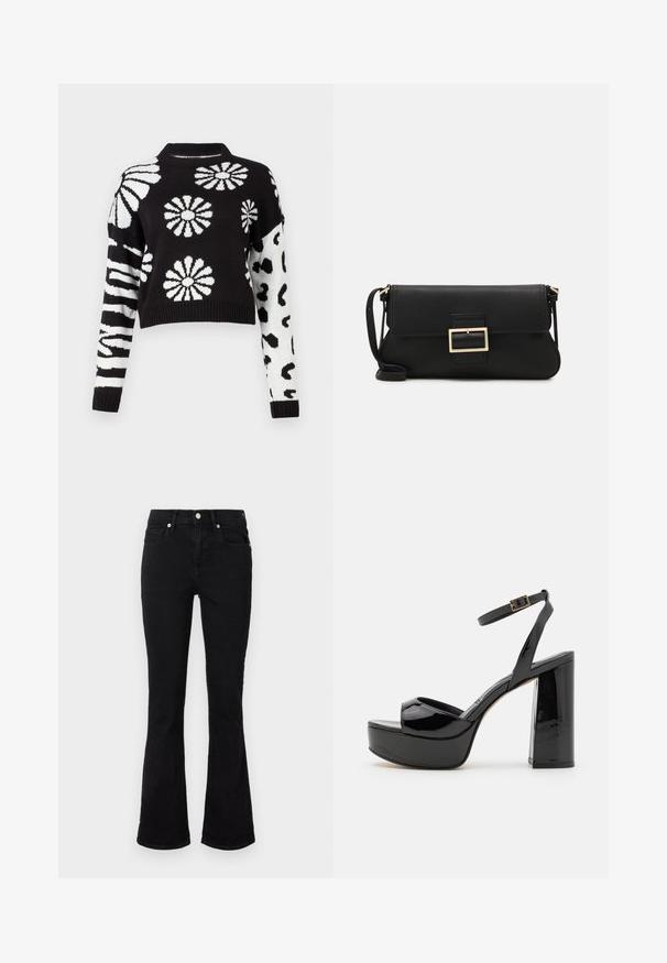 Fekete-fehér, cropped pulóver virág- és állatmintákkal, bordás mandzsettákkal és nyakkal, puha kötött anyagból készült.; Fekete, harangszárú farmernadrág, közepes üléssel, első zsebekkel és gombzárral. Simább textúra minimális varrási részletekkel.; Fekete lakk bőr platform szandál, bokapánttal, masszív magas sarkakkal és nyitott orral. Simább textúra és fényes felület.; Fekete bőr kézitáska hajtóka részlettel és aranyszínű fém csattal. Tartalmaz egy fekete pántot és egy letisztult, minimális dizájnt.