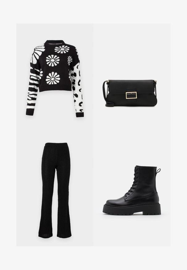 Melnā un baltā krāsā apgriezts džemperis ar ziedu un dzīvnieku rakstiem, ar ribotiem piedurknēm un kaklu, izgatavots no mīkstas austas materiāla.; Melnas plānas bikses, izgatavotas no teksturēta auduma ar smalku rakstu. Ar elastīgu jostu, vieglas un pilnas garuma.; Melni ādas potītēm zābaki ar apļveida purngalu, auklām priekšpusē un biezu gumijas zoli ar teksturētu protektoru. Velkšanas cilpa aizmugurē.; Melnas ādas saķeres soma ar atloku un zelta metāla sprādzi. Ietver melnu siksnu un elegantu, minimālistisku dizainu.