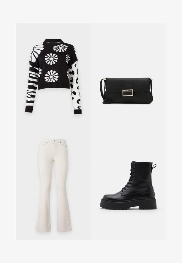 Black and white cropped sweater featuring floral and animal patterns, with ribbed cuffs and neck, made from a soft knit material.; Beige corduroy flared pants with a high waist, featuring a metal button closure, belt loops, and visible ribbed texture throughout.; Black leather ankle boots with a round toe, lace-up front, and a thick rubber sole featuring a textured tread. Pull tab at the back.; Black leather clutch bag with a flap and a gold metal buckle detail. Includes a black strap and a sleek, minimalist design.; Silver hoop earrings with a minimalist design. Circular shape, smooth texture, and thin profile. Lightweight with a polished finish.