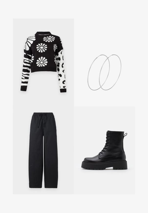 Black and white cropped sweater featuring floral and animal patterns, with ribbed cuffs and neck, made from a soft knit material.; Black wide-leg pants made of a soft fabric, featuring an elastic waistband with a drawstring and no visible patterns or accents.; Black leather ankle boots with a round toe, lace-up front, and a thick rubber sole featuring a textured tread. Pull tab at the back.; Silver hoop earrings with a minimalist design. Circular shape, smooth texture, and thin profile. Lightweight with a polished finish.