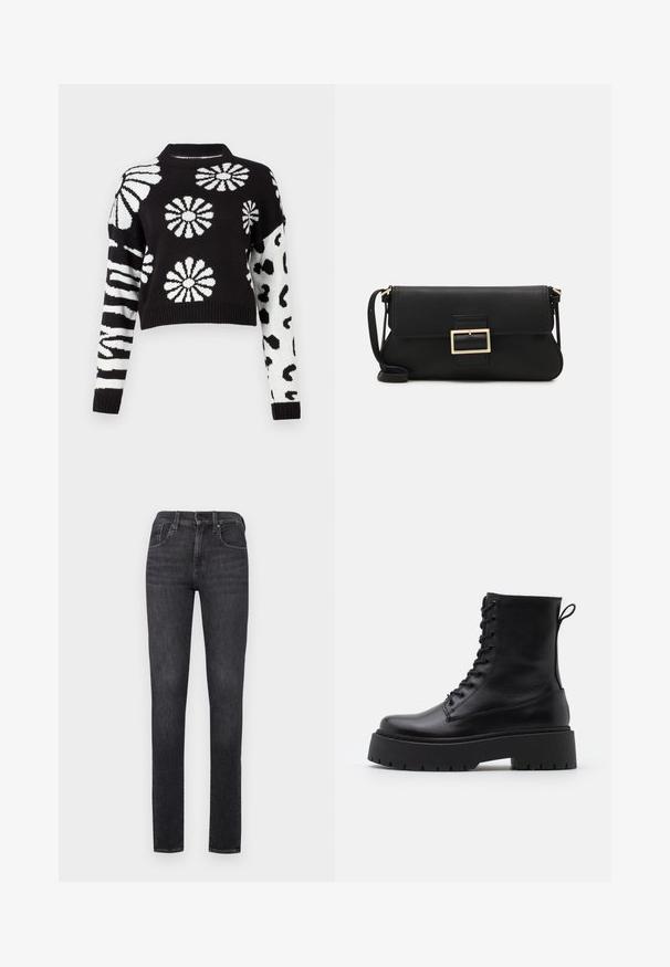 Fekete-fehér, cropped pulóver virág- és állatmintákkal, bordás mandzsettákkal és nyakkal, puha kötött anyagból készült.; Fekete farmernadrág, slim fit szabással, magas derékkal, gombos záródással és klasszikus öt zsebes dizájnnal. Simaság, minimális kopás.; Fekete bőr bokacsizma, kerek orral, fűzős elülső résszel és vastag, texturált gumitalppal. Húzófül hátul.; Fekete bőr kézitáska hajtóka részlettel és aranyszínű fém csattal. Tartalmaz egy fekete pántot és egy letisztult, minimális dizájnt.