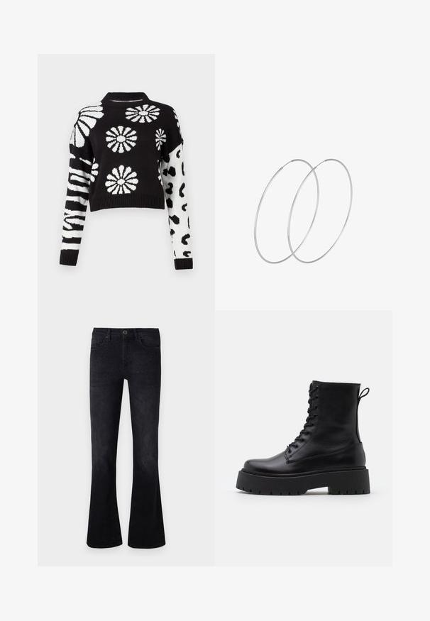 Black and white cropped sweater featuring floral and animal patterns, with ribbed cuffs and neck, made from a soft knit material.; Black flared jeans made of denim, featuring a mid-rise waist, embellishments on the front, and a classic five-pocket design.; Black leather ankle boots with a round toe, lace-up front, and a thick rubber sole featuring a textured tread. Pull tab at the back.; Silver hoop earrings with a minimalist design. Circular shape, smooth texture, and thin profile. Lightweight with a polished finish.