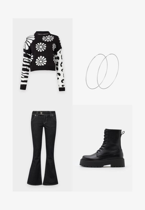Črno-bela skrčena jopica z cvetličnimi in živalskimi vzorci, z rebrastimi manšetami in ovratnikom, izdelana iz mehke pletene tkanine.; BDG Urban Outfitters BROOKE - Kavbojke na zvonec - black; Črne usnjene gležnjarje z okroglo konico, vezalnim sprednjim delom in debelim gumijastim podplatom z teksturiranim profilom. Zanka na hrbtni strani.; Srebrne uhane v obliki obroča z minimalističnim dizajnom. Krožna oblika, gladka tekstura in tanek profil. Lahki s poliranim zaključkom.
