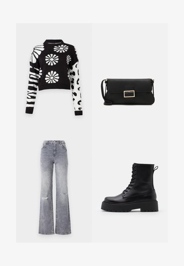 Melnā un baltā krāsā apgriezts džemperis ar ziedu un dzīvnieku rakstiem, ar ribotiem piedurknēm un kaklu, izgatavots no mīkstas austas materiāla.; Augstuma jostas pelēkās džinsu bikses ar platu kāju, ar nolietotiem ceļgaliem, klasisku piecu kabatu dizainu un tonālo šuvumu.; Melni ādas potītēm zābaki ar apļveida purngalu, auklām priekšpusē un biezu gumijas zoli ar teksturētu protektoru. Velkšanas cilpa aizmugurē.; Melnas ādas saķeres soma ar atloku un zelta metāla sprādzi. Ietver melnu siksnu un elegantu, minimālistisku dizainu.