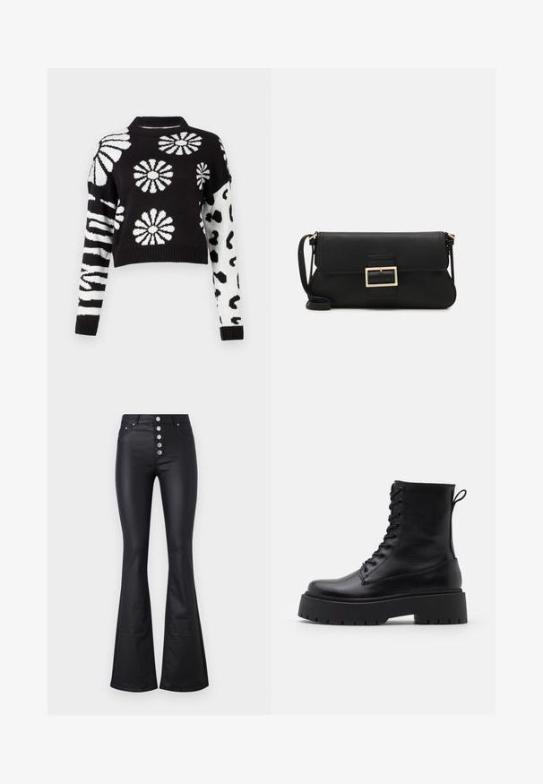 Czarny i biały sweter w kroju oversize, zdobiony kwiatowymi i zwierzęcymi wzorami, z prążkowanymi mankietami i dekoltem, wykonany z miękkiego materiału dzianinowego.; Czarne spódnice dzwony wykonane z gładkiego, elastycznego materiału z wysokim stanem i pięcioma metalowymi guzikami z przodu. Posiadają dwie boczne kieszenie.; Czarne skórzane botki za kostkę z okrągłym noskiem, sznurówką z przodu i grubą gumową podeszwą z teksturowanym bieżnikiem. Pętelka do zakładania z tyłu.; Czarna skórzana torebka kopertowa z klapką i detalem w postaci złotej metalowej klamry. Zawiera czarny pasek oraz elegancki, minimalistyczny design.