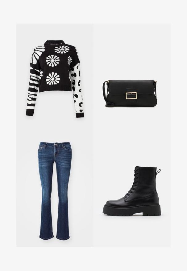 Čierno-biela skrátená mikina s kvetinovými a zvieracími vzormi, s rebrovanými manžetami a golierom, vyrobená z mäkkej pleteniny.; Tmavomodré rozšírené džínsy z denimu. Majú päť vreciek, zips s gombíkovým zapínaním a jemné zosvetlenie na predných stehnách.; Čierne kožené členkové topánky s okrúhlou špičkou, šnurovaním vpredu a hrubou gumovou podrážkou s textúrovaným vzorom. Sťahovací pútko na zadnej strane.; Čierna kožená clutch taška s klopou a zlatým kovovým detailom s prackou. Obsahuje čierny remienok a elegantný, minimalistický dizajn.