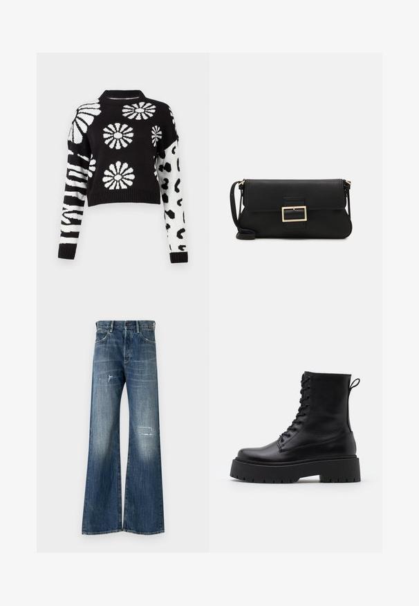 Svart-hvitt cropped genser med blomster- og dyremønster, med ribbestrikkede mansjetter og hals, laget av mykt strikkemateriale.; Vide benbukser i mørkeblå denim med et slidt design, som inkluderer frynsetapper og diskret falmning. Klassisk fem-lomme stil.; Sorte skinn ankelstøvler med rund tå, snøring foran og tykk gummisåle med teksturert mønster. Håndtak bak.; Svart lær clutch-veske med klaff og detalj i gullmetall. Inkluderer en svart stropp og et strømlinjeformet, minimalistisk design.