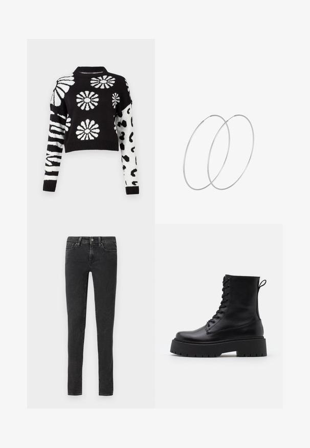 Melnā un baltā krāsā apgriezts džemperis ar ziedu un dzīvnieku rakstiem, ar ribotiem piedurknēm un kaklu, izgatavots no mīkstas austas materiāla.; Melnas šauras džinsus ar klasisku piecu kabatu dizainu, ar priekšējo pogu aizdari un vieglu izbalēšanu tekstūras radīšanai.; Melni ādas potītēm zābaki ar apļveida purngalu, auklām priekšpusē un biezu gumijas zoli ar teksturētu protektoru. Velkšanas cilpa aizmugurē.; Sudraba gredzenveida auskari ar minimālistisku dizainu. Cirkulāra forma, gluda tekstūra un plāns profils. Vieglu svaru ar spīdīgu apdari.