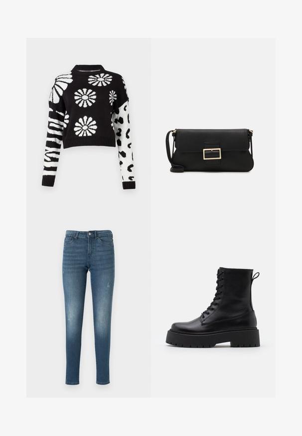 Mustvalge lühendatud sviiter, mille kaunistavad lille- ja loomamustrid, ribatreeritud varrukad ja kaelus, valmistatud pehmest kudumist.; Sinine denimpüksid kitsas lõikega, millel on pleekinud alad, viis taskut ja nööbikinnitusega. Kanga pind on sile ja veidi kulunud.; Mustad mustad nahast pahkluu saapad ümarate varvastega, nööridega esiosas ja paksu kummist talla ning tekstuuritud mustriga. Tagumine tõmbeaas.; Must haben musta nahkklahviga kott, millel on klapp ja kuldne metallist pandla detail. Kaasas must rihm ja stiilne, minimalistlik disain.