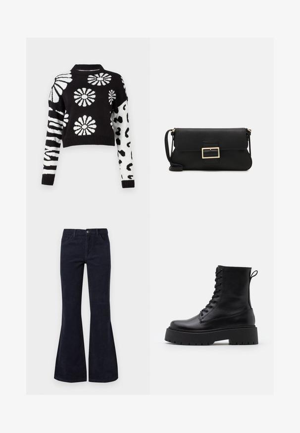 Mustvalge lühendatud sviiter, mille kaunistavad lille- ja loomamustrid, ribatreeritud varrukad ja kaelus, valmistatud pehmest kudumist.; Laienev tumedatest sinistest kootud püksid, millel on kõrge vöökoht, viis taskut ja nööp sulgemine, pehme tekstuur ja ribakujuline pind.; Mustad mustad nahast pahkluu saapad ümarate varvastega, nööridega esiosas ja paksu kummist talla ning tekstuuritud mustriga. Tagumine tõmbeaas.; Must haben musta nahkklahviga kott, millel on klapp ja kuldne metallist pandla detail. Kaasas must rihm ja stiilne, minimalistlik disain.