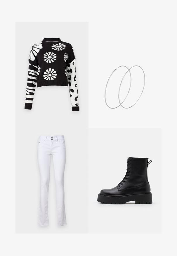 Mustvalge lühendatud sviiter, mille kaunistavad lille- ja loomamustrid, ribatreeritud varrukad ja kaelus, valmistatud pehmest kudumist.; Valged laiad teksad, mis on valmistatud puuvilla segumaterjalist, koos kahe nööbiga kinnituse, ees olevate taskutega ja delikaatsete õmblusdetailidega.; Mustad mustad nahast pahkluu saapad ümarate varvastega, nööridega esiosas ja paksu kummist talla ning tekstuuritud mustriga. Tagumine tõmbeaas.; Hõbedased rõngastikkaehingad minimalistlikus disainis. Ümar kuju, sile tekstuur ja õhuke profiil. Kerged ning poleeritud viimistlusega.