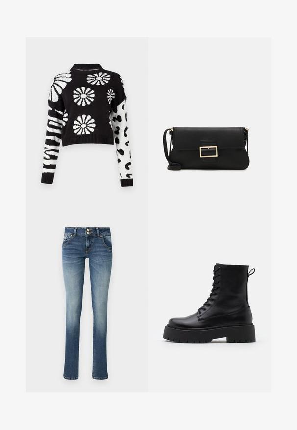 Fekete-fehér, cropped pulóver virág- és állatmintákkal, bordás mandzsettákkal és nyakkal, puha kötött anyagból készült.; Kék farmernadrág egyenes szabással, két elülső zsebből, patentos sliccből és világos kopásból a lábakon. Rövid, megkötött szegés.; Fekete bőr bokacsizma, kerek orral, fűzős elülső résszel és vastag, texturált gumitalppal. Húzófül hátul.; Fekete bőr kézitáska hajtóka részlettel és aranyszínű fém csattal. Tartalmaz egy fekete pántot és egy letisztult, minimális dizájnt.