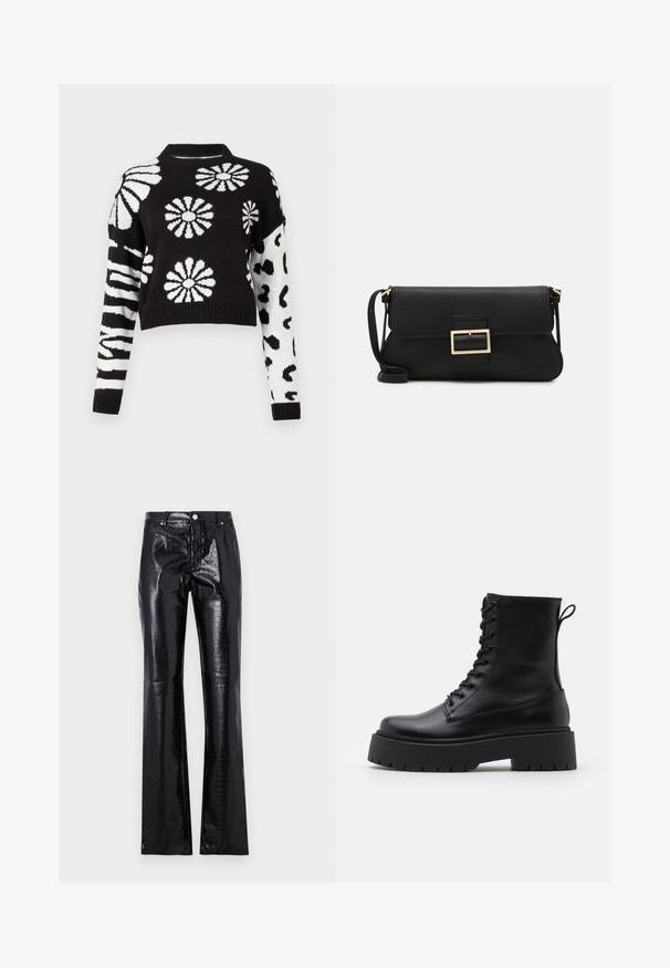 Black and white cropped sweater featuring floral and animal patterns, with ribbed cuffs and neck, made from a soft knit material.; Black, high-waisted trousers made from glossy faux leather, featuring a crocodile texture, slim fit, and flared leg design.; Black leather ankle boots with a round toe, lace-up front, and a thick rubber sole featuring a textured tread. Pull tab at the back.; Black leather clutch bag with a flap and a gold metal buckle detail. Includes a black strap and a sleek, minimalist design.