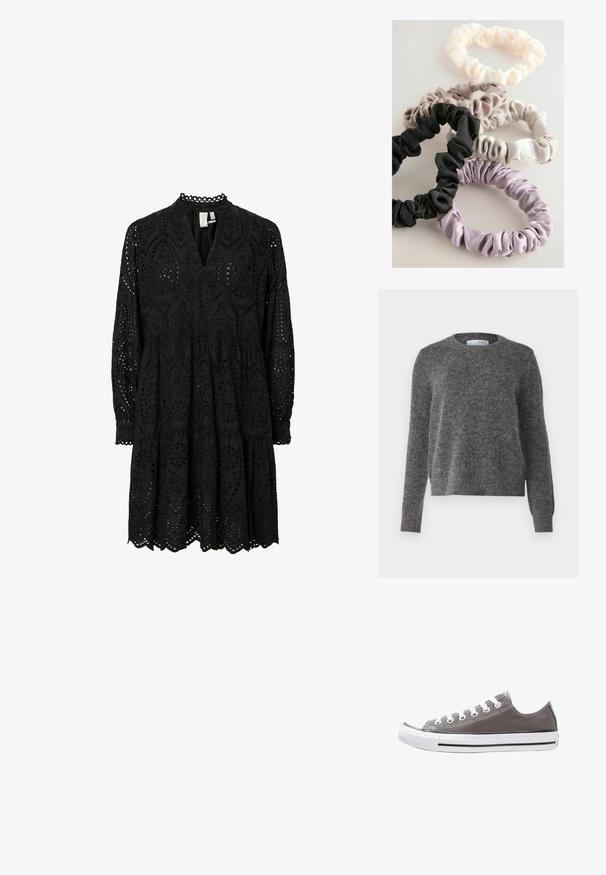 Pulover gri din material moale, texturat, cu decolteu rotund și mâneci lungi. Prezentă manșete și tiv fixate, cu un croi lejer.; Rochie neagră cu mâneci lungi, care prezintă modele tăiate elaborate, decolteu în formă de V și o fustă în straturi cu margine ondulată și detalii brodate.; Adidași gri din pânză cu talpă de cauciuc albă, cu o dâră neagră și gauri metalice pentru șireturi. Prezintă vârf rotund, design low-top și material texturat.; Cinci scrunchies din satin în negru, roz deschis, crem, gri și lavandă, cu textură pliată și design elastic pentru fixarea părului.