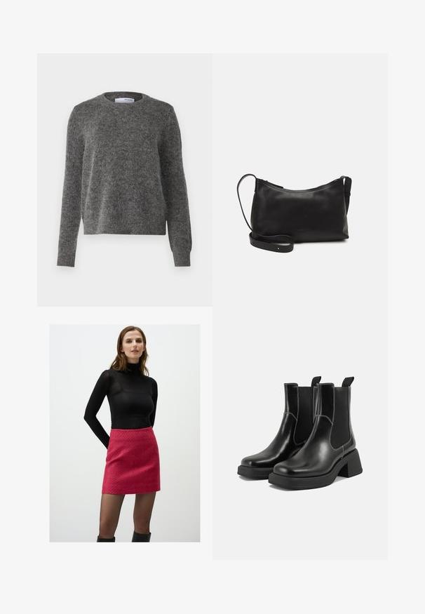 Maglione grigio realizzato in un morbido materiale testurizzato, con scollo rotondo e maniche lunghe. Presenta polsini e orlo a coste, con una vestibilità comoda.; Maglietta nera a maniche lunghe con colletto a imbuto abbinata a una mini gonna rosa testurizzata, indossata con stivali neri al ginocchio, su uno sfondo bianco semplice.; Stivali Chelsea in pelle nera con tacco spesso, pannelli elasticizzati sui lati e cuciture bianche a contrasto. Finitura testurizzata.; Borsa a spalla in pelle nera con una texture liscia, forma curva, tracolla regolabile e chiusura con zip. Design minimalista senza ornamenti.