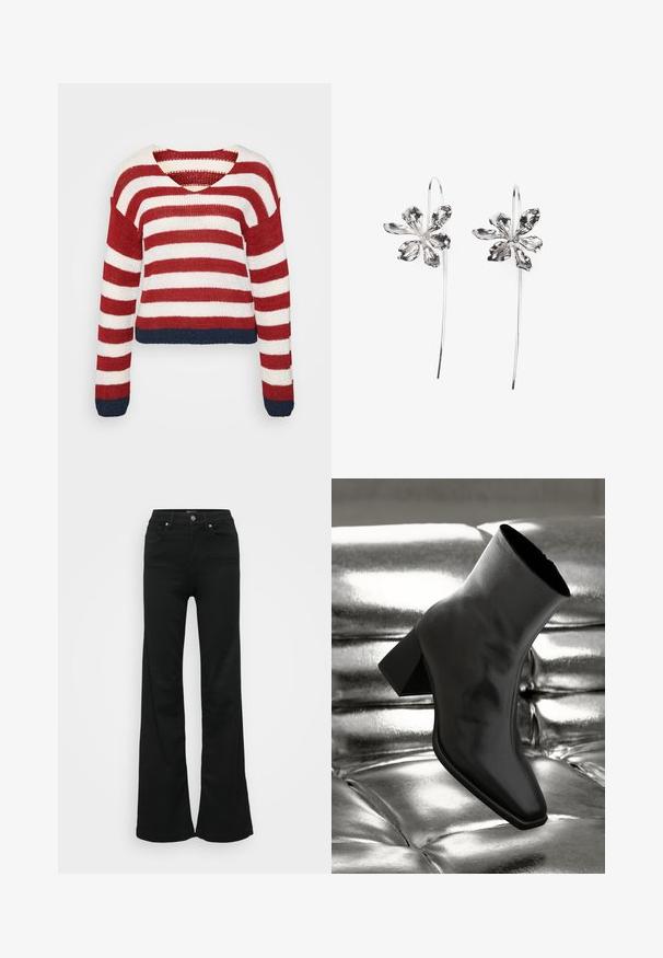 Red and white striped knit sweater with a cropped design and a navy blue hem. Features long sleeves and a wide V-neck.; Black flared jeans made from denim, featuring a high waist, five pockets, and metal button closure. Smooth texture with minimal detailing.; Black ankle boot made of glossy material with a square toe and tapered heel, set against a shiny silver tufted background.; Silver flower-shaped earrings with a textured finish, featuring long hooks and petal-like details for an intricate design.