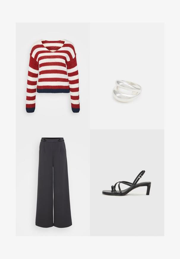 Rot-weißer gestreifter Strickpullover mit einem cropped Design und einem navyblauen Saum. Verfügt über lange Ärmel und einen weiten V-Ausschnitt.; Weite Hosen aus dunkelgrauem Stoff. Mit Falten an der Vorderseite und zwei dekorativen Knöpfen am Bund. Glatte Textur und taillierte Form.; Schwarze Sandale mit Riemchen, quadratischer Zehenform und niedrigem Blockabsatz. Verfügt über mehrere dünne Riemen und einen verstellbaren Knöchelriemen. Hergestellt aus glattem Leder.; Silberner Doppelring mit einer glatten, polierten Oberfläche. Verfügt über ein fließendes, kurviges Design mit überlappenden Abschnitten für einen modernen Look.