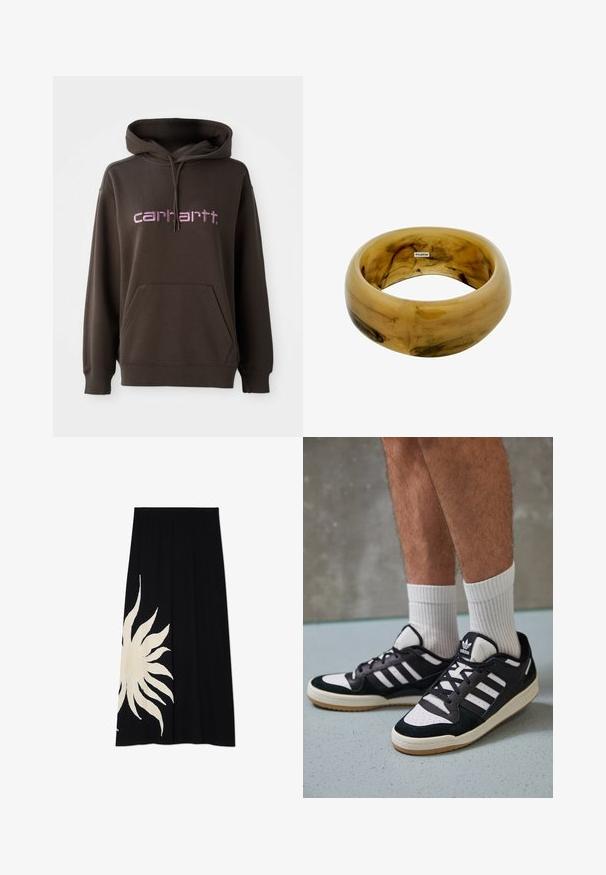 Brun huva med ficka framtill, med rosa bokstäver av märket "Carhartt". Tillverkad av mjukt tyg med strukturerad yta.; Svart kjol med en stor vit sol-design på ena sidan, mjuk textur och en flödande form, lämplig för avslappnad klädsel.; Svartvita sneakers med ovandel i mocka och läder, med tre vita ränder, perforerad tå och sula av gummigummi.; Genomskinlig brun resinarmband med en slät, rundad yta och subtil ådring; har en liten märkesetikett på insidan.