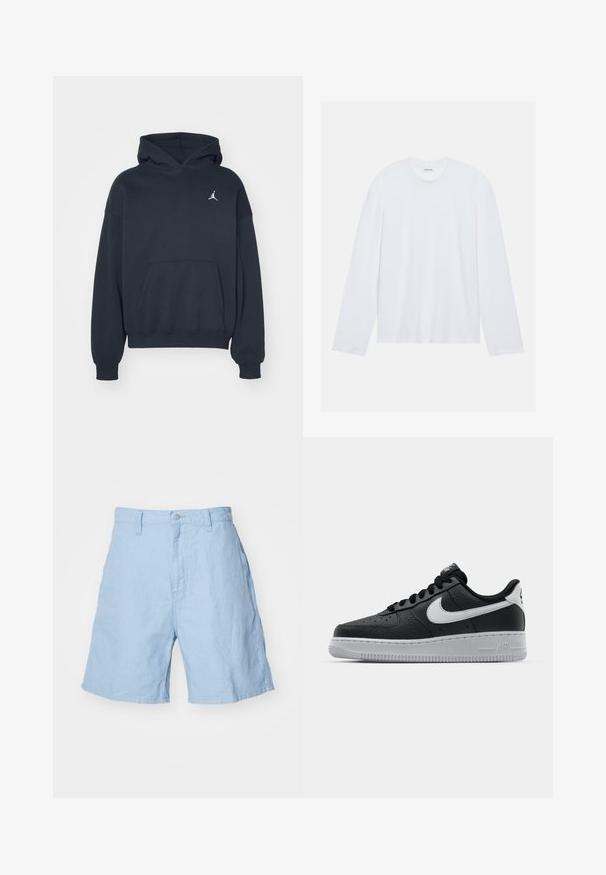 Juodas švarkas pagamintas iš medvilnės, su kengūros kišene, laisvo kirpimo, ir mažas baltas Jumpman logotipas kairėje krūtinės pusėje.; Baltas ilgas rankovės marškinėliai pagaminti iš medvilnės. Turi klasikinį apvalų kaklą ir nuleistus pečių siūlus, su lygiu, vientisu paviršiumi.; Šviesiai mėlyni lininiai šortai su mygtuku ir užtrauktuku, turintys dvi šonines kišenes ir laisvą siluetą. Švarus tekstūra, iki vidurio šlaunies ilgio.; Juoda odinė sportinė avalynė su tekstūruota danga, balta Nike swoosh, pilkas padas, apvalus nosis ir raištelių užsegimas. Yra perforacijos ant nosies.