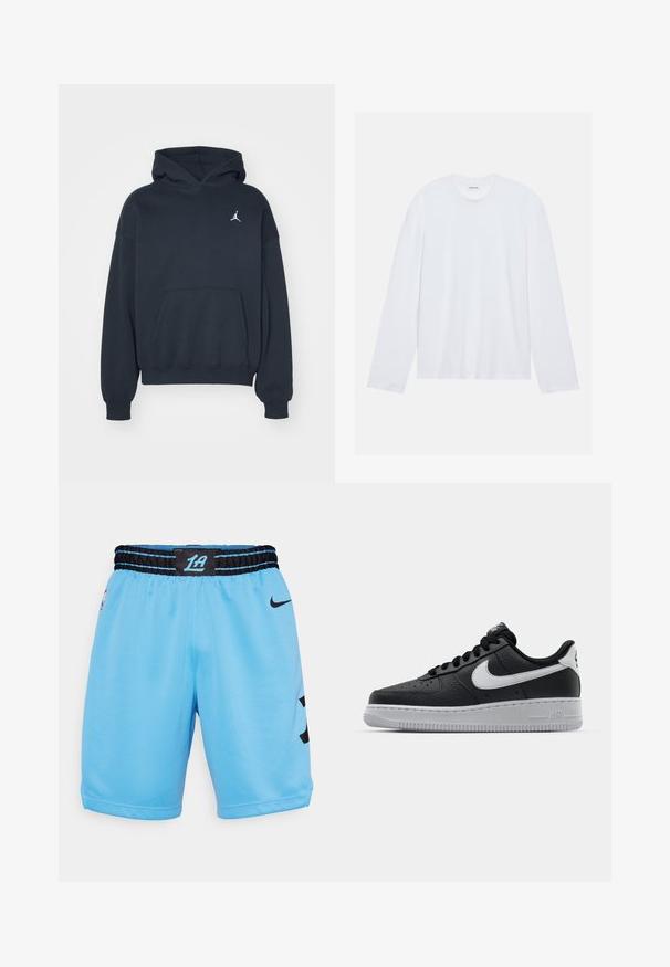 Črna kapuca iz bombaža z kenguru žepom, sproščenega kroja in majhnim belim Jumpman logotipom na levem prsnem predelu.; Bela dolga majica z dolgimi rokavi iz bombaža. Ima klasičen okrogli izrez in spuščene ramenske šive, z gladko in enostavno strukturo.; Svetlo modri košarkaški šortsi z črnim pasom, z mrežastim teksturo in črnim Nike logotipom na strani ter hrbtno etiketo z oznako "1A".; Črne usnjene teniske z teksturirano površino, bele Nikejeve zmage, sivo podplato, okroglo konico in vezalno zasnovo. Imajo perforacije na prednjem delu.