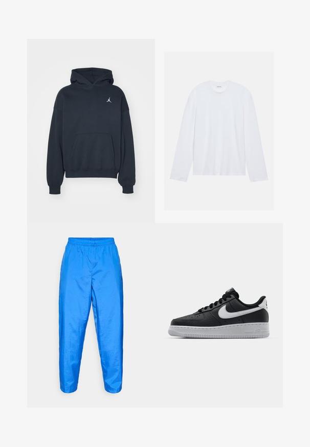 Czarna bluza z kapturem wykonana z bawełny, z kieszenią typu kangur, luźny krój oraz małym białym logo Jumpman na lewej stronie klatki piersiowej.; Biała longsleeve z bawełny. Posiada klasyczny okrągły dekolt oraz opadające szwy na ramionach, z gładką, jednolitą fakturą.; Lekkie, błyszczące niebieskie spodnie z elastycznym pasem i zwężającymi się nogawkami, charakteryzujące się gładką fakturą oraz brakiem widocznych kieszeni i wzorów.; Czarne skórzane trampki o teksturowanej powierzchni, białe logo Nike, szara podeszwa, okrągły czubek i sznurowany design. Posiada perforacje na nosku.