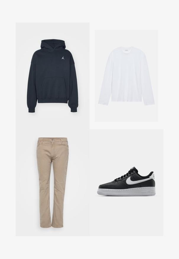 Must musta, mis on valmistatud puuvillast, kangaroo taskuga, lõdva lõikega ja vasakul rinnal väikese valge Jumpman logo'ga.; Valge pikkade varrukatega t-särk puuvillast. Omab klassikalist ümmargust kaelust ja langevaid õmblusi, millel on sile ja ühtlane tekstuur.; Beisilised puuvillased püksid sirge jala disainiga, millel on lukuga tasku, vööloopid ja peened õmbluste detailid. Ühtlane pind kogu ulatuses.; Must musta sneaker tekstureeritud pinnaga, valge Nike logo, hall tald, ümar varv ja paeltega disain. Omab perforatsioone varbakasti peal.