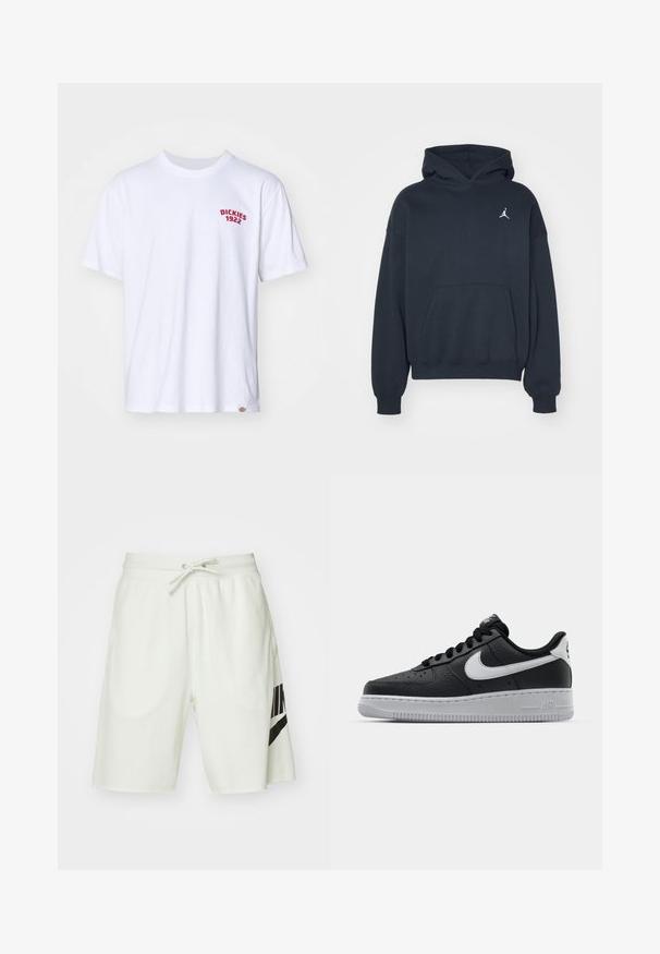 Sudadera negra de algodón con bolsillo canguro, corte relajado y un pequeño logo blanco de Jumpman en la parte izquierda del pecho.; Camiseta de algodón blanca con mangas cortas que presenta un logotipo bordado en rojo "DICKIES 1922" en el lado izquierdo del pecho; diseño de cuello redondo acanalado.; Pantalones cortos de algodón gris claro con una cinturilla elástica, cordón ajustable y un logo negro de Nike en el lado izquierdo.; Zapatilla negra de cuero con superficie texturizada, logo de Nike en blanco, suela gris, puntera redonda y diseño de encaje. Presenta perforaciones en la puntera.