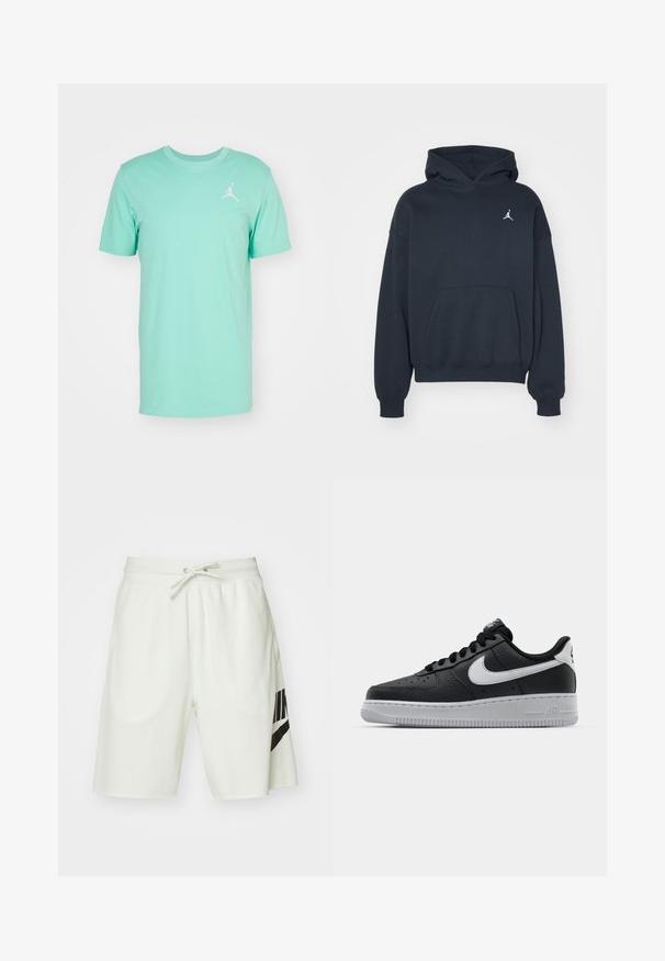 Črna kapuca iz bombaža z kenguru žepom, sproščenega kroja in majhnim belim Jumpman logotipom na levem prsnem predelu.; Jordan JUMPMAN CREW - Navadna majica - emerald rise/(white); Svetlo sivi bombažni šortsi z elastiko v pasu, nastavljivim vezalko in črnimi logotipom Nike na levi strani.; Črne usnjene teniske z teksturirano površino, bele Nikejeve zmage, sivo podplato, okroglo konico in vezalno zasnovo. Imajo perforacije na prednjem delu.