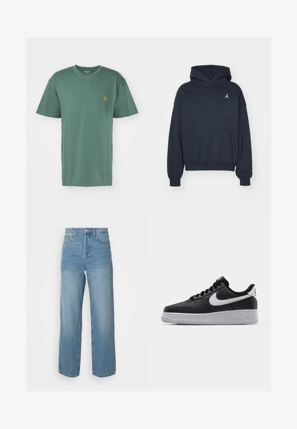 Čierna mikina s kapucňou vyrobená z bavlny, s kloktanou vreckom, vo voľnom strihu a s malým bielym logom Jumpman na ľavej strane hrudníka.; Carhartt WIP CHASE - Základné tričko - duck green/gold; Svetlo modré riflové džínsy s vysokým pásom a rovnými nohavicami, s predným zapínaním na gombík a piatimi vreckami na plnom pozadí.; Čierne kožené tenisky s textúrovaným povrchom, biely Nike swoosh, šedá podrážka, okrúle špičky a šnurovací dizajn. Obsahuje perforácie na špičke.