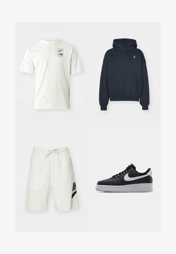 Sweatshirt preto feito de algodão, com um bolso canguru, corte descontraído e um pequeno logo Jumpman branco na área do peito esquerdo.; T-shirt de algodão branca com mangas curtas, apresentando um emblema verde na parte superior esquerda. O tecido tem uma textura suave e macia.; Calções de algodão cinza claro com uma cintura elástica, cordão ajustável e um logótipo preto da Nike no lado esquerdo.; Sapatilha de pele preta com superfície texturizada, swoosh branco da Nike, sola cinza, bico redondo e design com atacadores. Apresenta perfurações na caixa dos dedos.
