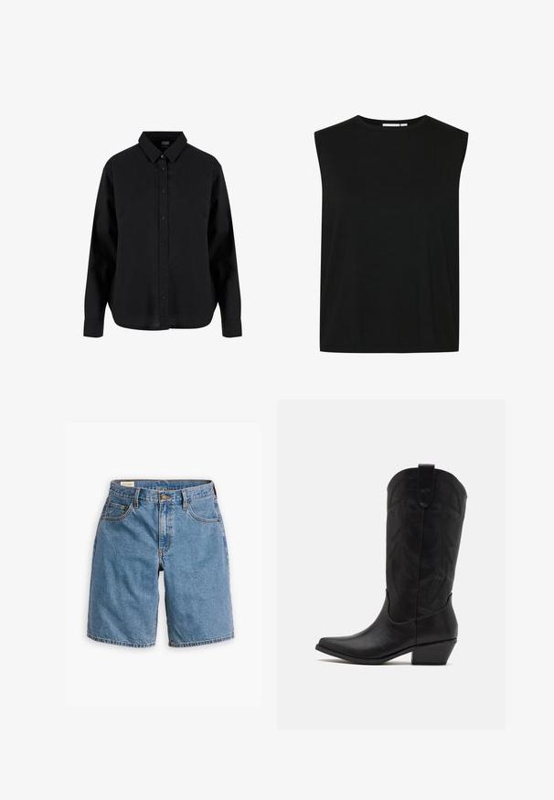 Melnas bezpiegu blūzes ar apaļu kakla izgriezumu, izgatavotas no ribotas auduma, ar brīvu piegriezumu un taisnu apakšmalu, paredzētas ērtībām.; Melnas garām piedurknēm krekls ar pogām, izgatavots no kokvilnas, ar klasisku apkakli, priekšējām pogām un brīvi falling piegriezuma ar izliekto apakšmalu.; zilbā džinsa šorti ar klasisko piecu kabatu dizainu, ar rāvējslēdzēja aizdari un pogas slēgšanu, kā arī plīsušu apakšmalu.; Melnas ādas kovboju zābaks ar norādītu purngalu, zemu kaudzes papēdi un sarežģītu iegrimstošā lapu rakstu uz kājas. Cilpa augšā ērtai uzvilkšanai.