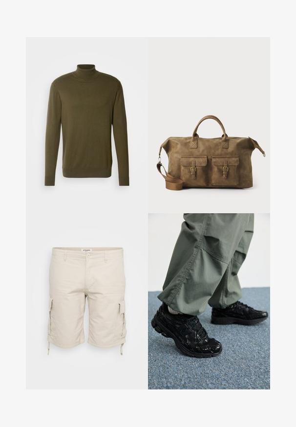Suéter de cuello alto color verde oliva hecho de un tejido suave y ligero; presenta mangas largas y puños y dobladillo acanalados.; Pantalones cortos cargo color beige, fabricados con tejido ligero, que cuentan con bolsillos laterales, cordones ajustables en el dobladillo y un diseño clásico de cinco bolsillos.; Zapatillas deportivas negras con texturas brillantes y de malla, que presentan una suela gruesa y cordones, combinadas con pantalones cargo holgados de color verde oliva.; Bolso de cuero marrón tipo duffel con dos bolsillos frontales, correa para el hombro ajustable, herrajes dorados y asas superiores resistentes. Textura suave.