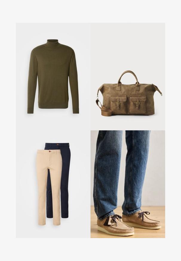 Olivgrüner Rollkragenpullover aus glattem, leichtem Stoff; mit langen Ärmeln und gerippten Bündchen und Saum.; Beige und marineblaue Chino-Hosen mit schmaler Passform, glatter Baumwollqualität, Fronttaschen und Knopfverschluss.; Wildleder-Mokassins in Tan mit dunkelbraunen Akzenten, runder Zehenform und weichem weißen Fußbett. Sie verfügen über ein Schnürdesign und gestickte Details.; Braune Ledertasche mit zwei Fronttaschen, verstellbarem Schulterriemen, goldfarbenen Beschlägen und stabilen oberen Griffen. Glatte Textur.