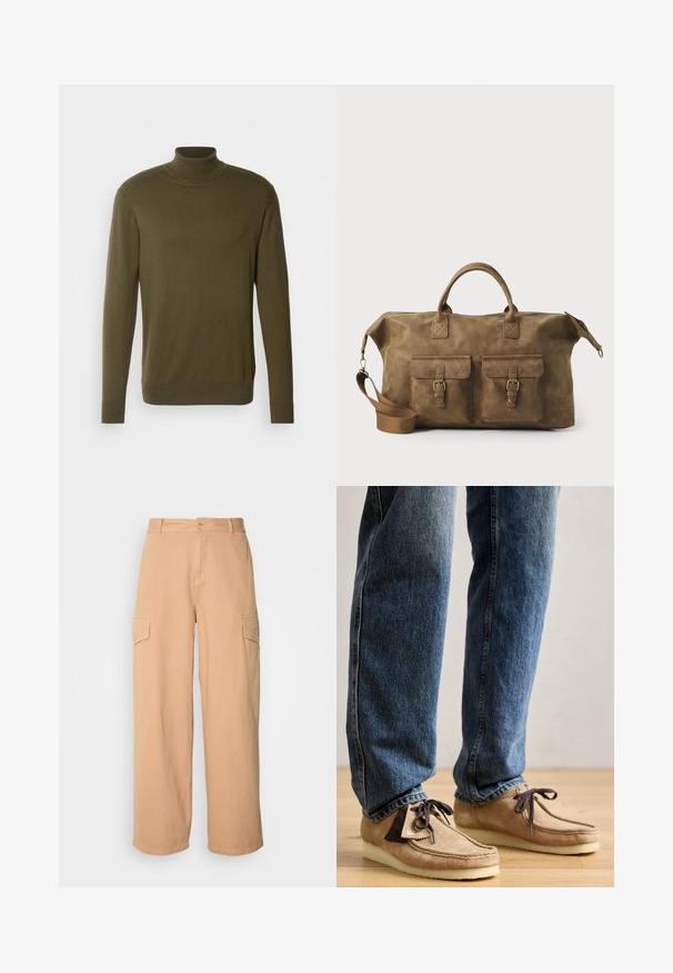 Olijfgroene coltrui gemaakt van zachte, lichtgewicht stof; heeft lange mouwen en ribgebreide manchetten en zoom.; Beige wijde cargo broek gemaakt van lichte stof, met twee zijzakken en een knoopsluiting bij de taille. Zachte textuur.; Suède mocassins in tan met een donkerbruin accent, ronde neus en een zachte witte zool. Beschikt over een vetersluiting en gestikte details.; Bruine leren weekendtas met twee voorzakken, verstelbare schouderband, gouden hardware en stevige handvatten aan de bovenkant. Strakke textuur.