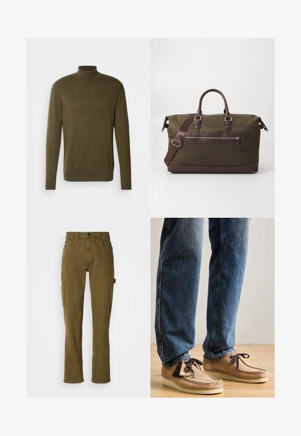 Maglione a collo alto verde oliva realizzato in un tessuto liscio e leggero; dotato di maniche lunghe e polsini e orlo a costine.; Pantaloni in cotone verde oliva con vestibilità dritta, dotati di chiusura frontale con bottone e tasche laterali. Texture liscia e design pulito.; Mocassini in suede color nocciola con accenti marrone scuro, punta arrotondata e suola bianca morbida. Presenta un design con lacci e dettagli cuciti.; Borsa da viaggio in tela verde oliva con dettagli in pelle marrone, dotata di manici doppi, una tracolla rimovibile e una tasca con zip sul davanti.