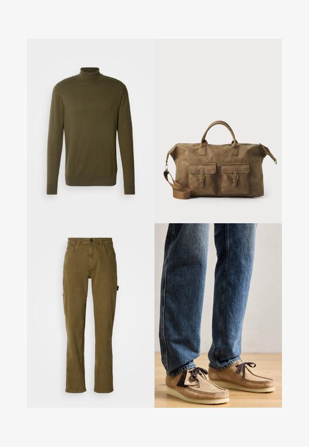 Pull à col roulé vert olive fabriqué en tissu lisse et léger ; il possède des manches longues et des poignets et un ourlet côtelés.; Pantalons en coton vert olive avec coupe droite, dotés d'une fermeture à bouton sur le devant et de poches latérales. Texture lisse et design épuré.; Mocassins en daim de couleur beige avec des accents marron foncé, à bout arrondi et semelle blanche moelleuse. Ils présentent un design à lacets et des détails cousus.; Sac de voyage en cuir marron avec deux poches avant, bandoulière réglable, accessoires en or et poignées supérieures robustes. Texture lisse.