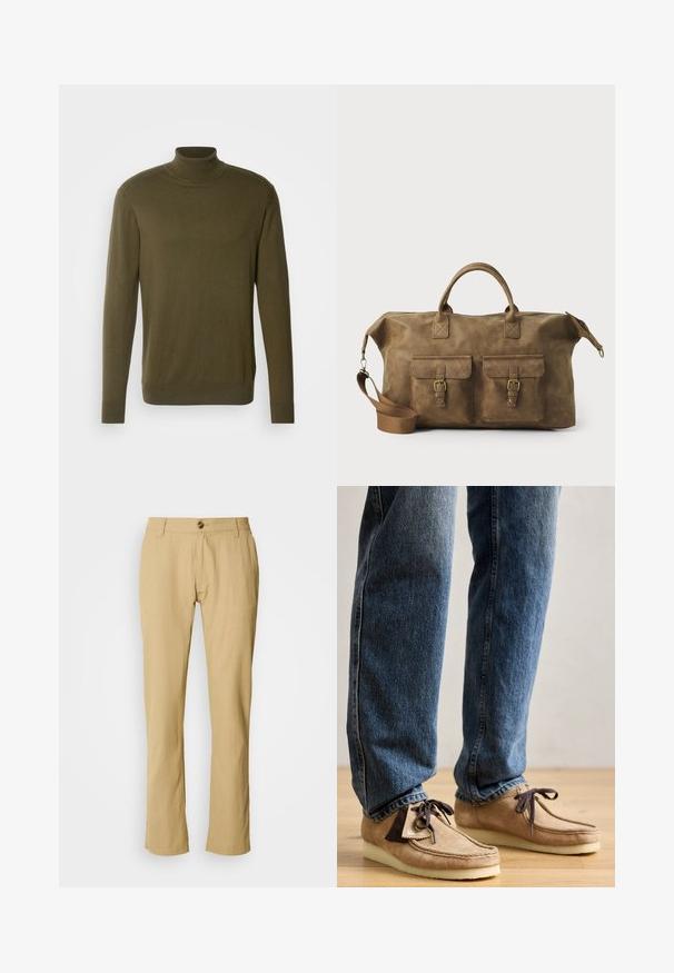 Olivgrüner Rollkragenpullover aus glattem, leichtem Stoff; mit langen Ärmeln und gerippten Bündchen und Saum.; Beige Hose mit geradem Bein, Knopfverschluss und subtiler Stofftextur. Keine Muster oder zusätzliche Beschläge sichtbar.; Wildleder-Mokassins in Tan mit dunkelbraunen Akzenten, runder Zehenform und weichem weißen Fußbett. Sie verfügen über ein Schnürdesign und gestickte Details.; Braune Ledertasche mit zwei Fronttaschen, verstellbarem Schulterriemen, goldfarbenen Beschlägen und stabilen oberen Griffen. Glatte Textur.