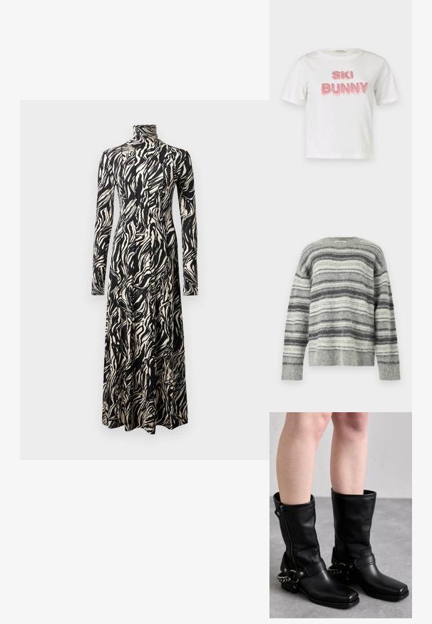 Szürke csíkos pulóver puha, bolyhos anyagból. Vízszintes csíkokkal, különböző szürke és fehér árnyalatokban. Kerek nyakkivágás, hosszú ujjú.; Hosszú ujjú ruha magas nyakkal, fekete és bézs absztrakt zebra csíkos mintával, áramló sziluettel tervezve.; Fehér pamut póló, „SKI BUNNY” felirattal, kiemelkedő rózsaszín műszőrme betűkkel. Rövid ujjú és kerek nyakú kialakítás.; Fekete bőr, térd fölé érő csizmák, négyzet alakú orral, oldalsó cipzárral és állítható pánttal, melyen fém lánc díszítés található. Matt felület és tartós talp jellemzi.