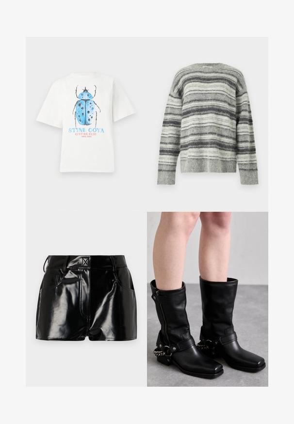 Szürke csíkos pulóver puha, bolyhos anyagból. Vízszintes csíkokkal, különböző szürke és fehér árnyalatokban. Kerek nyakkivágás, hosszú ujjú.; Fehér pamut póló rövid ujjakkal, kék bogár grafikával és "STINE GOYA KEMPING KLUB 2006 ÓTA" felirattal.; Fekete, fényes sort szintetikus anyagból. Jellemzője a fitted derék, övhurkok és elülső zsebek jellegzetes varrási részletekkel.; Fekete bőr, térd fölé érő csizmák, négyzet alakú orral, oldalsó cipzárral és állítható pánttal, melyen fém lánc díszítés található. Matt felület és tartós talp jellemzi.