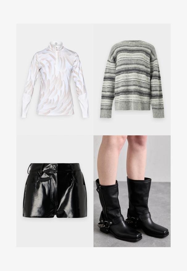 Sivý pruhovaný sveter z mäkkého, plyšového materiálu. Má horizontálne pruhy v rôznych odtieňoch sivej a bielej farby. Okrúhly výstrih, dlhé rukávy.; Dlhý rukáv športový top v bielej farbe s jemným béžovým vlnkovým vzorom, s vysokým golierom a štvrťzipom. Hladká, pružná tkanina.; Čierne lesklé šortky vyrobené z syntetického materiálu. Majú priliehavý pás, pútka na opasok a predné vrecká s výraznými švovými detailmi.; Čierne kožené čižmy po kolená so štvorcovou špicou, bočným zipsom a nastaviteľným remienkom s metalickým reťazovým akcentom. Matný povrch a pevná podrážka.