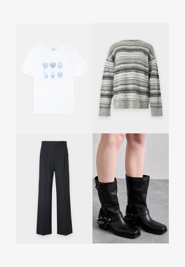 Gråstribet sweater lavet af blødt, blødt materiale. Har vandrette striber i forskellige nuancer af grå og hvid. Rund hals, lange ærmer.; Hvid bomulds T-shirt med et blåt grafisk motiv af seks frugtbilleder: tre æbler og tre pærer, der varierer i form og størrelse.; Mørkeblå stribede bukser med høj talje, vidde bendesign og ingen synlig hardware eller dekorationer. Glat tekstur og skræddersyet pasform.; Sorte læderknæhøje støvler med firkantet tå, lynlås i siden og justerbar strop med metal kædeaccent. Mat finish og solid sål.