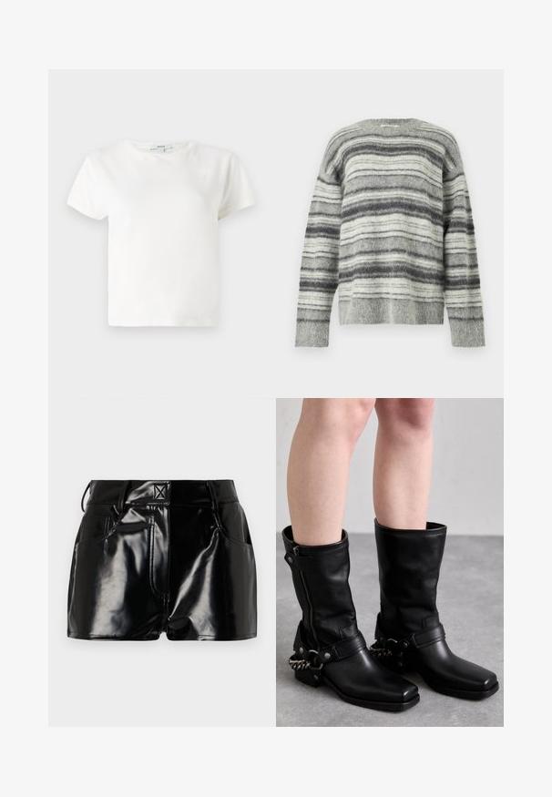 Hall triibuline kampsun, mis on valmistatud pehmest ja karvasest materjalist. Omab horisontaalseid triibusid erinevates halli ja valge tooni varjundites. Ümmargune kaelus, pikad varrukad.; Valge puuvillane t-särk lühikeste varrukatega, ümar kaelus ja relaxed fit. Silt on nähtav kaeluse juures, sile tekstuur. Lihtne disain, ilma ornamentideta.; Mustad, läikivad lühikesed püksid sünteetilisest materjalist. Omab kitsast piha, vöölõike ja esimesi taskuid, millel on silmapaistvad õmbluse detailid.; Mustad mustad kõrge teksad mustast nahast ruudukujulise varbaga, külgrihmaga ja reguleeritava rihmaga, millel on metallketi aksent. Mati viimistlus ja tugev tald.