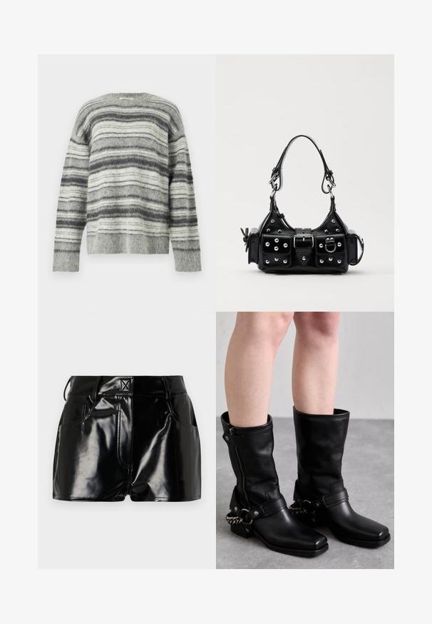 Pull rayé gris en matière douce et duveteuse. Présente des rayures horizontales dans différentes nuances de gris et blanc. Col rond, manches longues.; Shorts noirs et brillants en matériau synthétique. Présentent une taille ajustée, des passants de ceinture et des poches avant avec des détails de couture prononcés.; Bottes noires en cuir, montant jusqu'au genou, avec un bout carré, fermeture éclair sur le côté et sangle ajustable avec un accent en chaîne métallique. Fini mat et semelle robuste.; Sac à main en cuir noir au design courbé, avec des clous en argent, une boucle et deux poches latérales. Bandoulière réglable pour différentes options de transport.