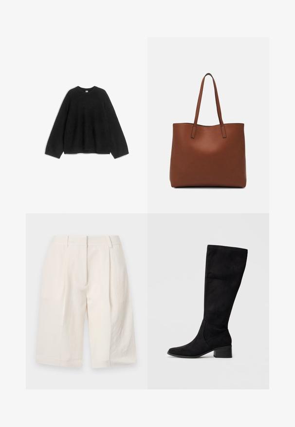Black knitted sweater, round neckline, long sleeves, loose fit, soft texture, no visible patterns or accents. Suitable for casual wear.; White linen shorts with a tailored design, pleated front, and wide leg openings. Smooth texture and mid-thigh length.; Black knee-high boots made of suede-like material, featuring a pointed toe and a block heel. Seam detail on the side enhances shape.; Brown leather tote bag with a smooth texture, open top design, and two shoulder straps. Features minimal stitching and no visible hardware.