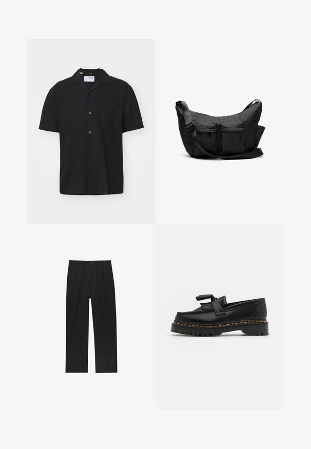 Maglione nero a maniche lunghe con collo a girocollo; tessuto testurizzato con linee verticali; silhouette aderente; senza decorazioni o accenti visibili.; Maglietta nera a maniche corte in lino con colletto classico, chiusura frontale con bottoni e vestibilità leggermente rilassata. Texture morbida.; Pantaloni neri con un design a gamba dritta, realizzati in un tessuto liscio. Presentano pieghe frontali e una chiusura a un bottone in vita.; Mocassino in pelle nera con un'accento a frange, dotato di una suola nera spessa e cuciture gialle lungo il bordo. Finitura testurizzata.; Borsa a spalla nera con forma curva, dotata di due tasche anteriori con zip e di una larga tracolla regolabile. Design semplice e funzionale.; Anello d'oro con una finitura liscia e lucida e un design a forma di croce ritagliato. Forma arrotondata, stile minimalista e incisioni all'interno.