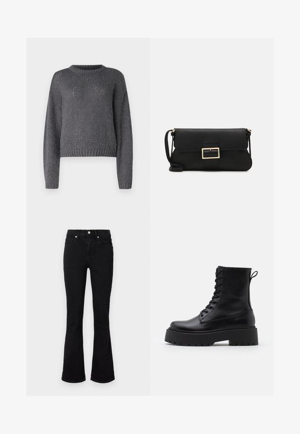 Suéter gris de punto con cuello redondo, mangas largas y dobladillo acanalado. Presenta una textura de tejido ligeramente suelto en toda su superficie.; Jeans de campana negros hechos de denim, con una cintura de tiro medio, bolsillos frontales y cierre de botón. Textura suave con detalles de costura mínimos.; Botas de cuero negras hasta el tobillo con punta redonda, cordones en la parte delantera y una suela de goma gruesa con un dibujo texturizado. Tirador en la parte trasera.; Bolso de mano de cuero negro con una solapa y un detalle de hebilla de metal dorado. Incluye una correa negra y un diseño elegante y minimalista.