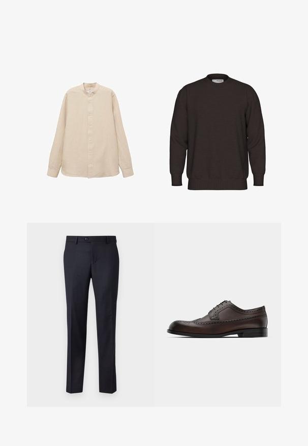 Tmavo hnedý pletený sveter s textúrovaným vzorom, okrúhlym výstrihom a rebrovanými manžetami a spodným okrajom. Vyrobený z mäkkej látky.; Dlhý rukáv, béžová ľanová košeľa s mandarínským golierom, predným gombíkovým zapínaním a rovnými okrajmi; hladká textúra a ľahký dizajn.; Námornícke modré formálne nohavice vyrobené z textúrovanej tkaniny s jemným vzorom kocky, vybavené zapínaním na gombík a rovnými nohavicami.; Hnedé kožené spoločenské topánky s brogue detailmi, šnurovanie, zaoblená špička a plochá podrážka. Má hladké a štruktúrované povrchy.